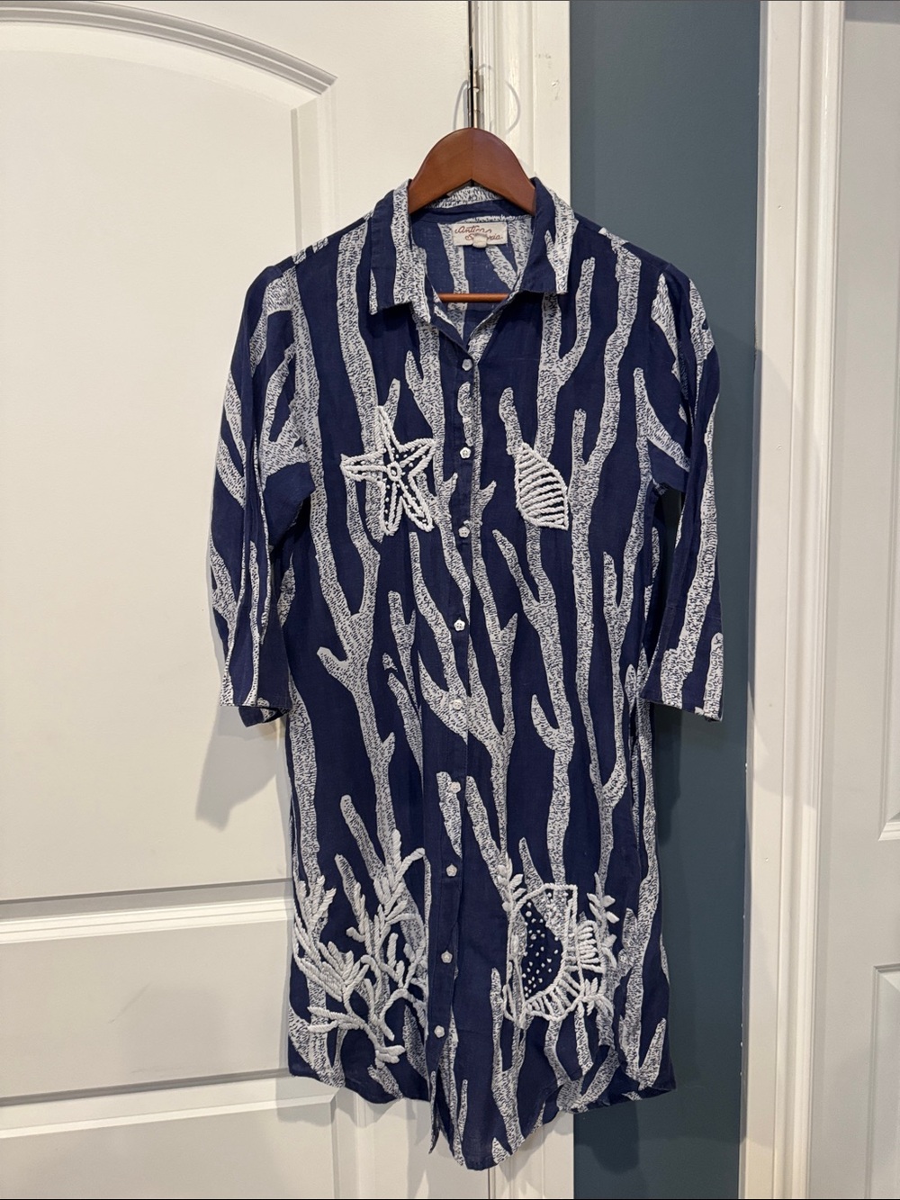 Anthropologie Antica Sartoria Italian Navy white Coral-Print Button Coverup